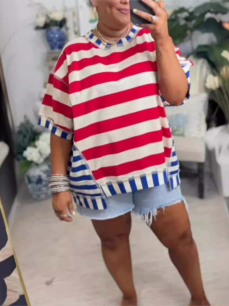 

Women's Loose And Comfortable Casual Striped Stitching T-shirt Summer Temperament Commuting Round-neck Retro Versatile T-shirt