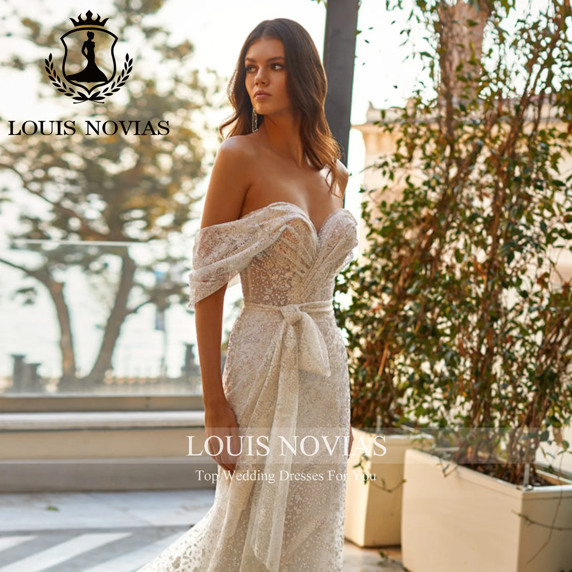 

LOUIS NOVIAS Свадебное платье русалки для женщин, сексуальное свадебное платье с открытыми плечами и бантом, блестящее свадебное платье Vestidos De Novia