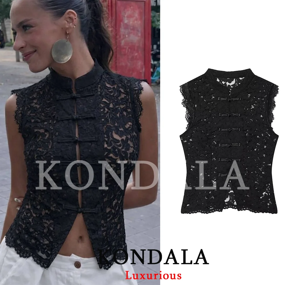 KONDALA Festliches, sexy schickes Damen-Tanktop mit Spitze, Knöpfen, Cut-Outs und Umlegekragen, ärmelloses Oberteil, modisch, Frühjahr/Sommer 2026 – Detail 2