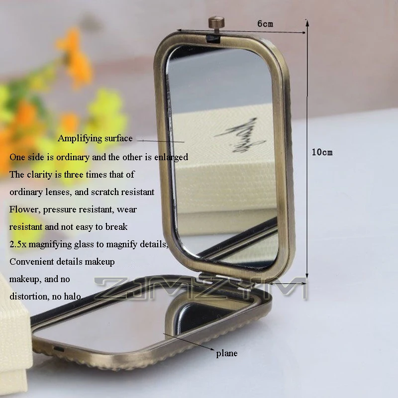 2.5X cermin rias perbesaran antik portabel, cermin kecil saku lipat dua sisi untuk anak perempuan perjalanan
