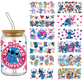디즈니 스티치 릴로 UV DTF 전송 스티커 16oz Libbey 유리 스티커 컵 랩 데칼 DIY 영구 자체 접착 방수
