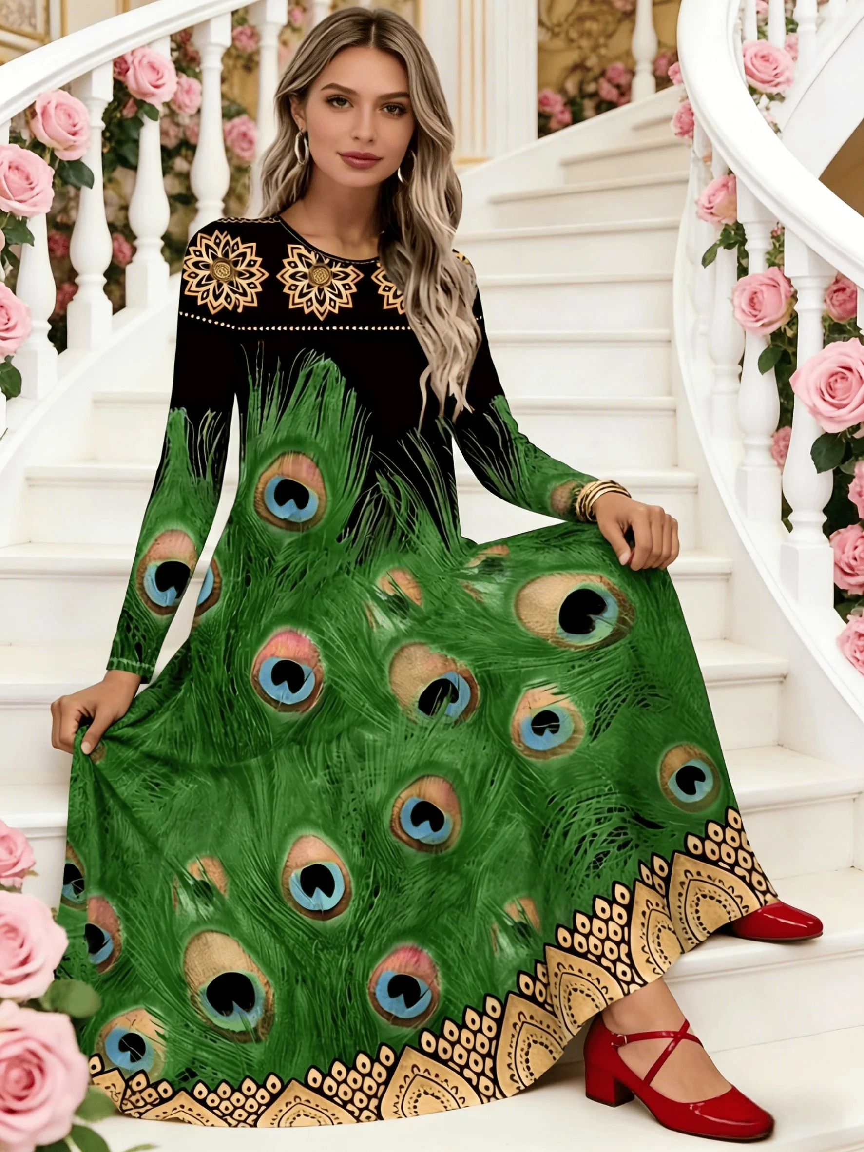 Boho-Midikleid mit langen Ärmeln für Damen, lässig, fließend, einfarbig, Rundhalsausschnitt, A-Linie, Sommer, Herbst, Winter, Mode, Streetwear