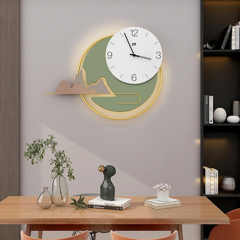 TUDA Metal Modern Minimalist Living Room Blue Round Landscape Clock Study Restaurant Mute Fashion Luminous Decorative Clock