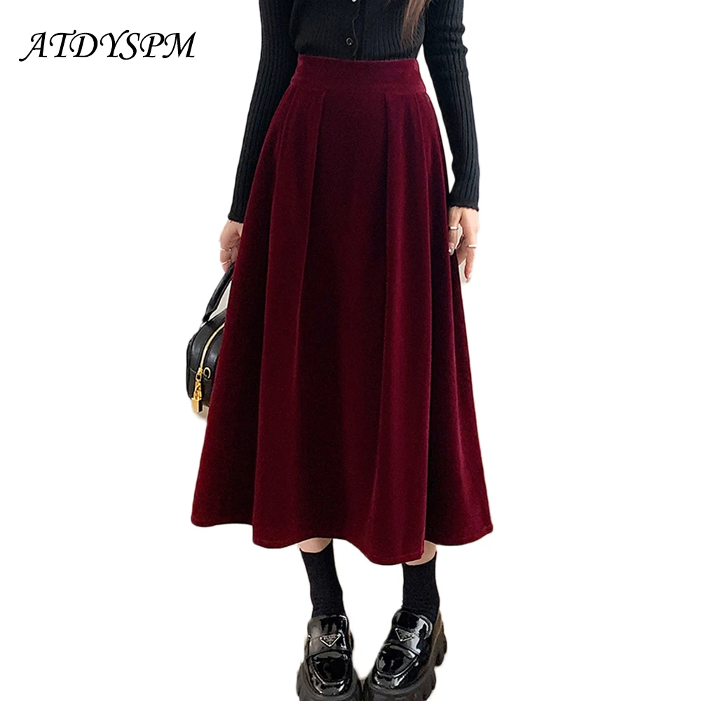 Women\'s Autumn Winter Loose Elastic Waist Pleuche Gold Velvet Skirt Solid Big Swing Casual A-line Female Pleated Skirt Black