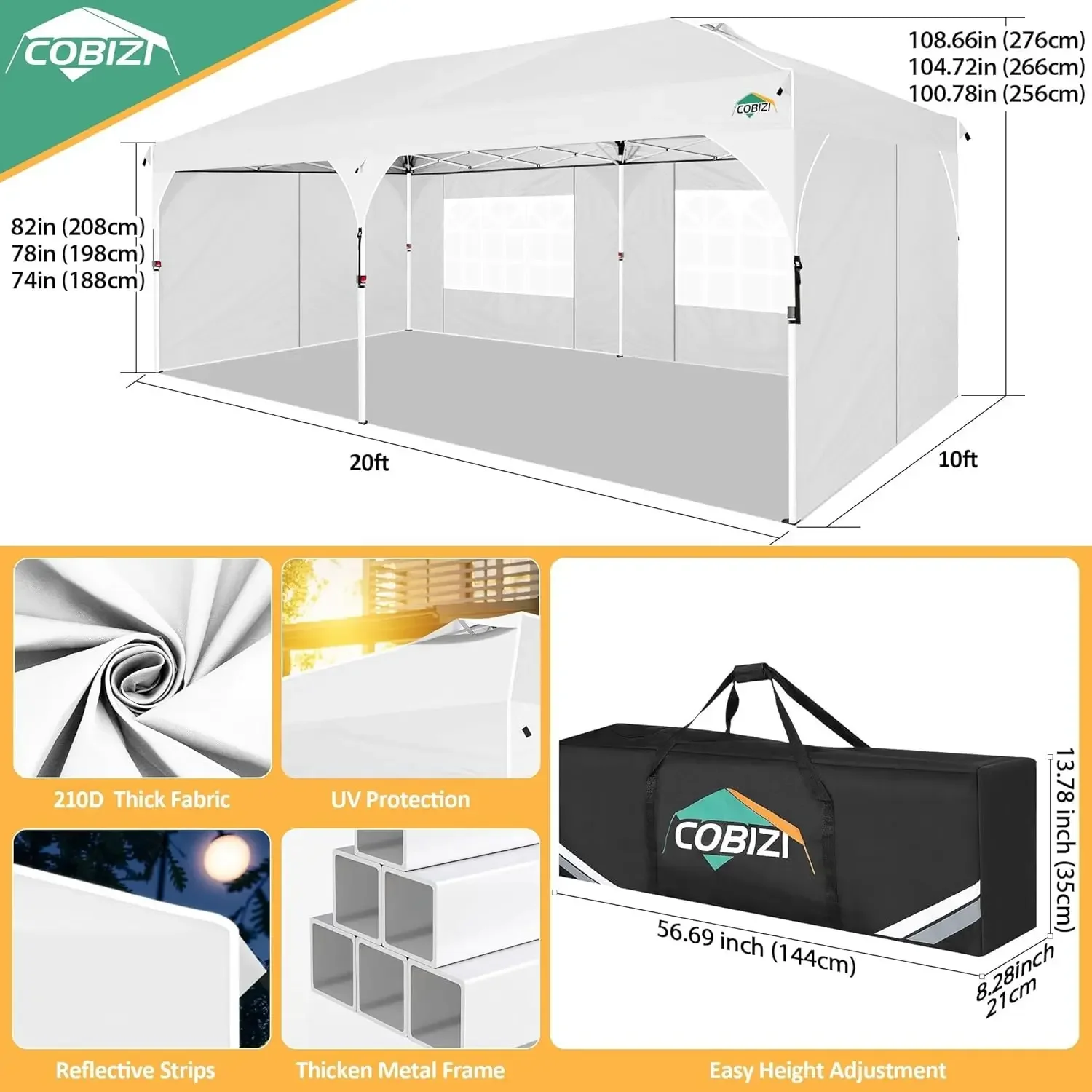 مظلة منبثقة مقاس 10 × 20: خيمة مظلة مع تقنية قفل مركزي حاصلة على براءة اختراع | إعداد سريع، جدران عاكسة للأشعة فوق البنفسجية وقابلة للفصل (أبيض) #3