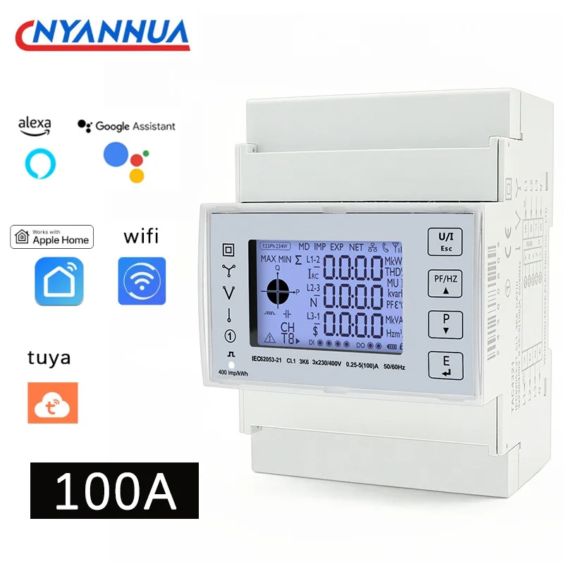 Digital 230VAC 3P4W 3P3W Tuya WiFi Three Phase Bidirectional Energy Meter KWh Monitor 100A Multi-tariffs RS485