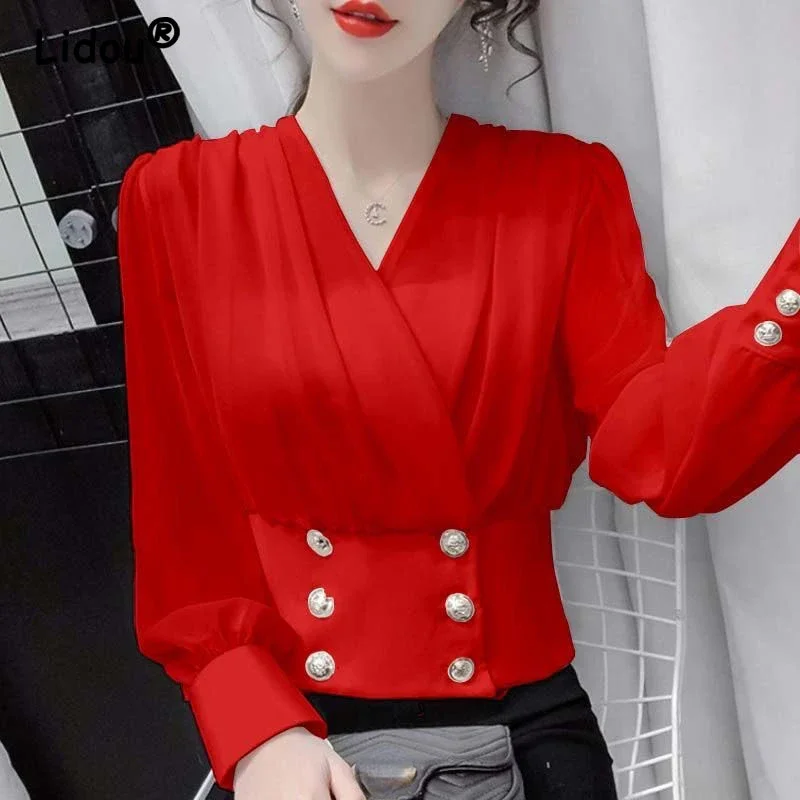 2024 Autumn New Long Sleeve Chiffon Shirt Elegant and Fashionable Waist Wrapped Bubble Sleeve Short Bottom Shirt Top N133