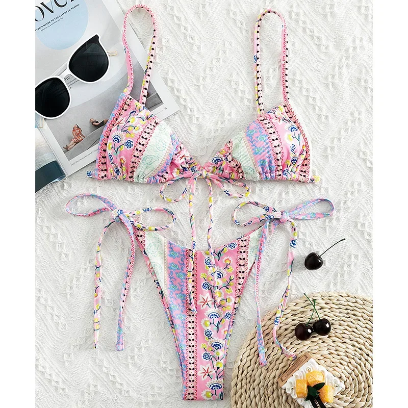 2022 Floral Print String Bandage Bikini Set Swimwear Women Summer Sexy Push Up Bathing Suit Beachwear Halter Biqiuni Swimsuit