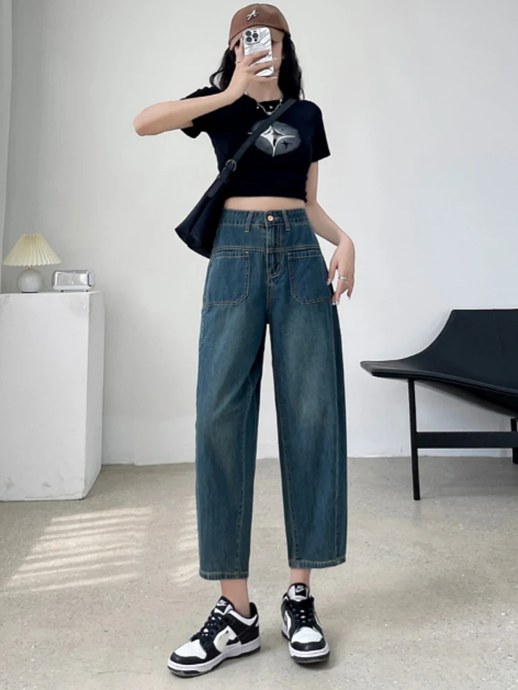 

Casual Women's Summer Jeans Vintage Blue Thin Loose High Waist Harun Denim Trouser Korean Female Girl Student Cropped Pants