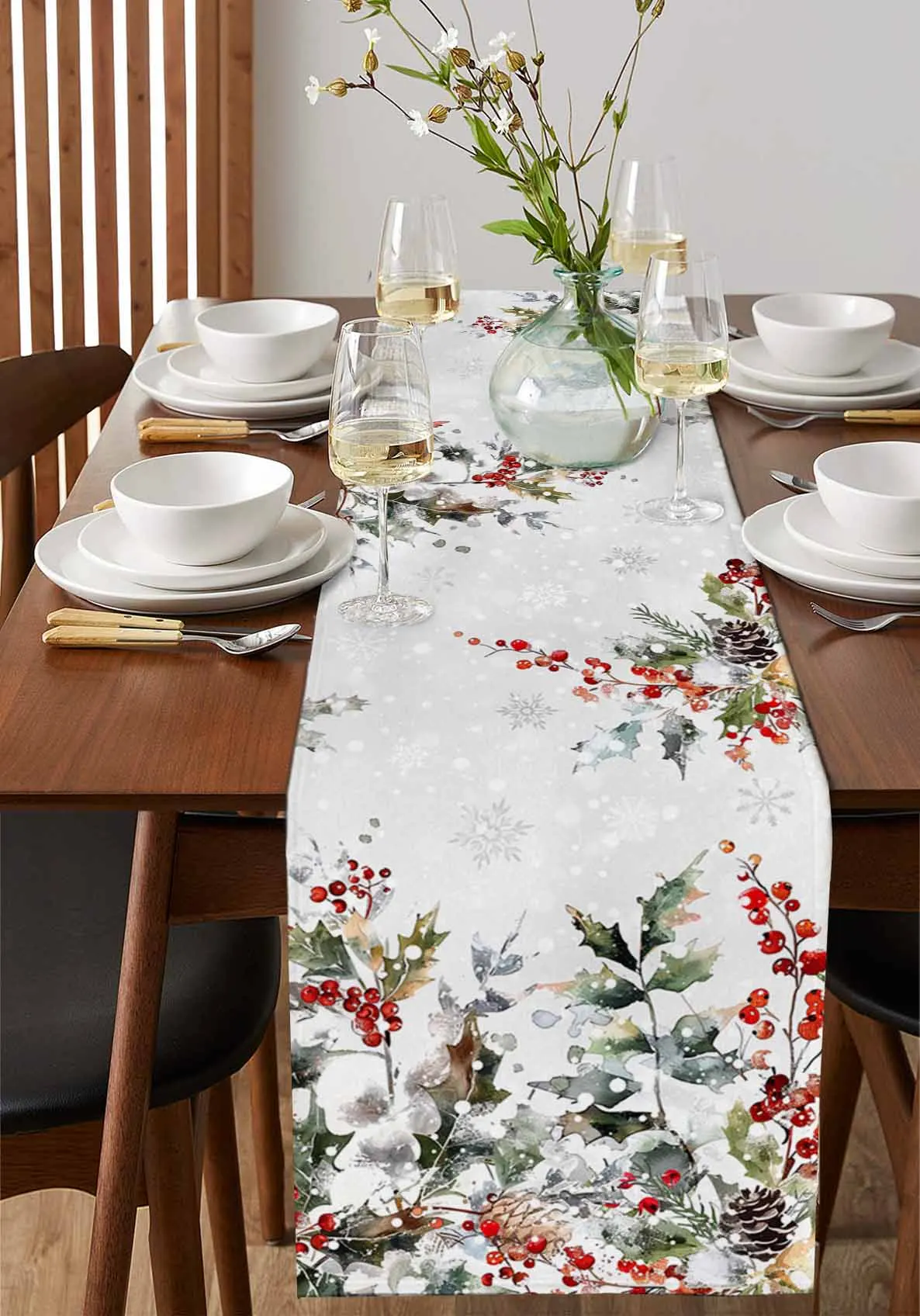 Christmas Pine Berry Eucalyptus Leaf Snowman Modern Linen Cotton Table Cloth Decoration For Home Wedding Christmas Party