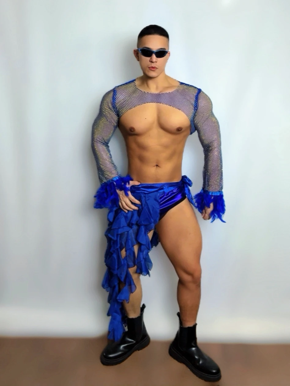 Bar Nightclub Male Gogo Dance Costume Sexy Transparent Rhinestones Tops Shorts Set DJ Dancer Performance Stage Wear Rave Outfit