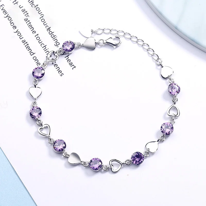 925 Sterling Silver Fashion Bracelet Love Heart Zirconia Chain Linked For Women charm Cuff bangle Jewelry Gift Christmas