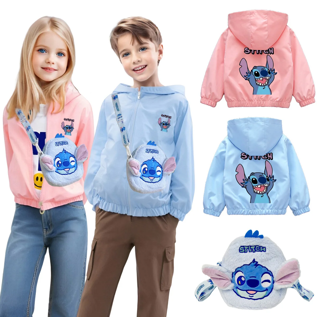 

Детская куртка с капюшоном Disney Stitch, новое осеннее пальто на молнии с длинными рукавами и сумкой для маленьких мальчиков и девочек, детская спортивная ветровка