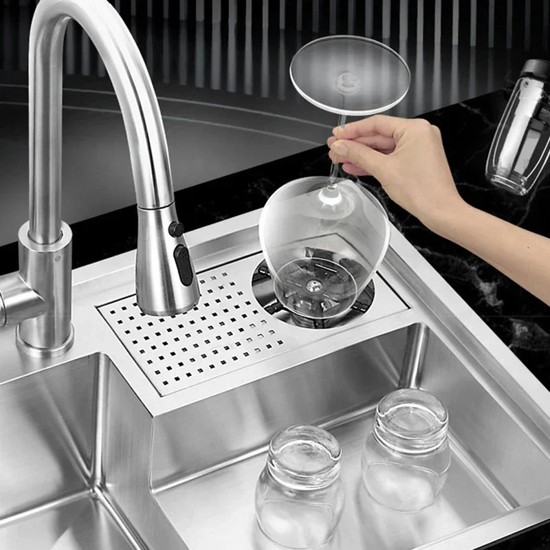 Large Stainless Steel Kitchen Sink Brushed 3 Hole Large Single Sink Luxury Kitchen Steps Cup Rinse Step Sink Silver Step Bar