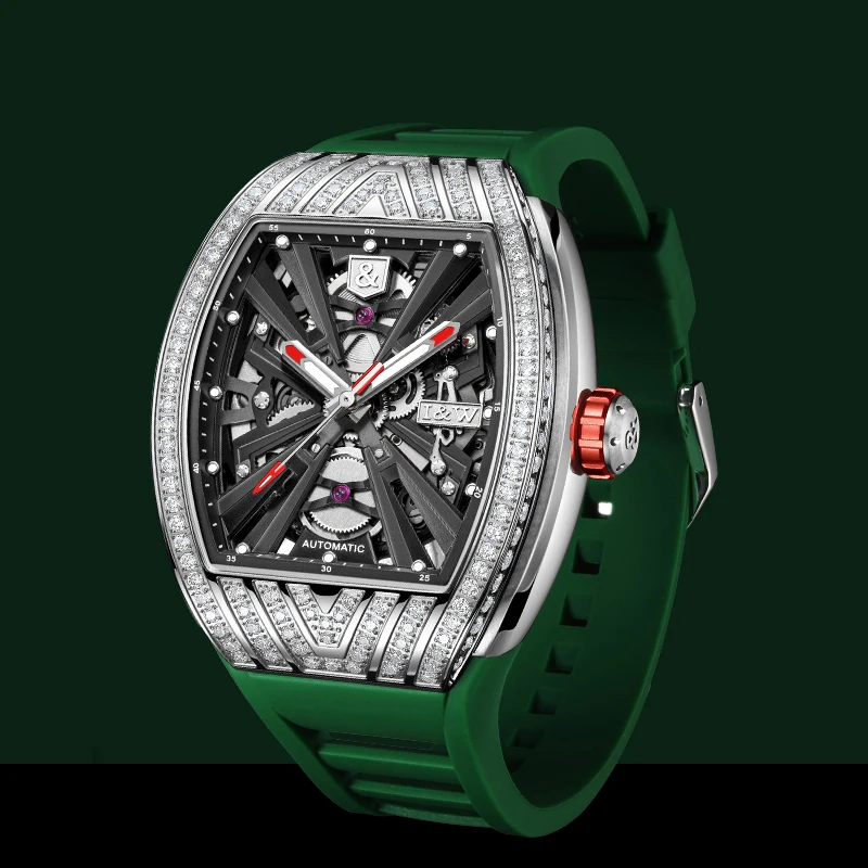 I&W Men Automatic Watch Tonneau 43*51mm Luxury Mechanical Wristwatch Luminous 50m Waterproof Rubber Strap Zircon Bezel