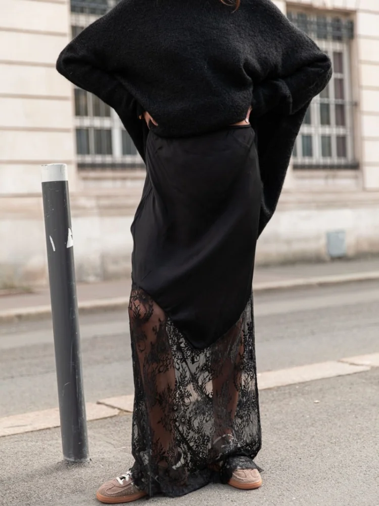 Elegancka czarna satynowa spódnica damska z patchworkiem, codzienna, z wysokim stanem, do kostek, modna, klasyczna spódnica, odzież damska, styl Y2K