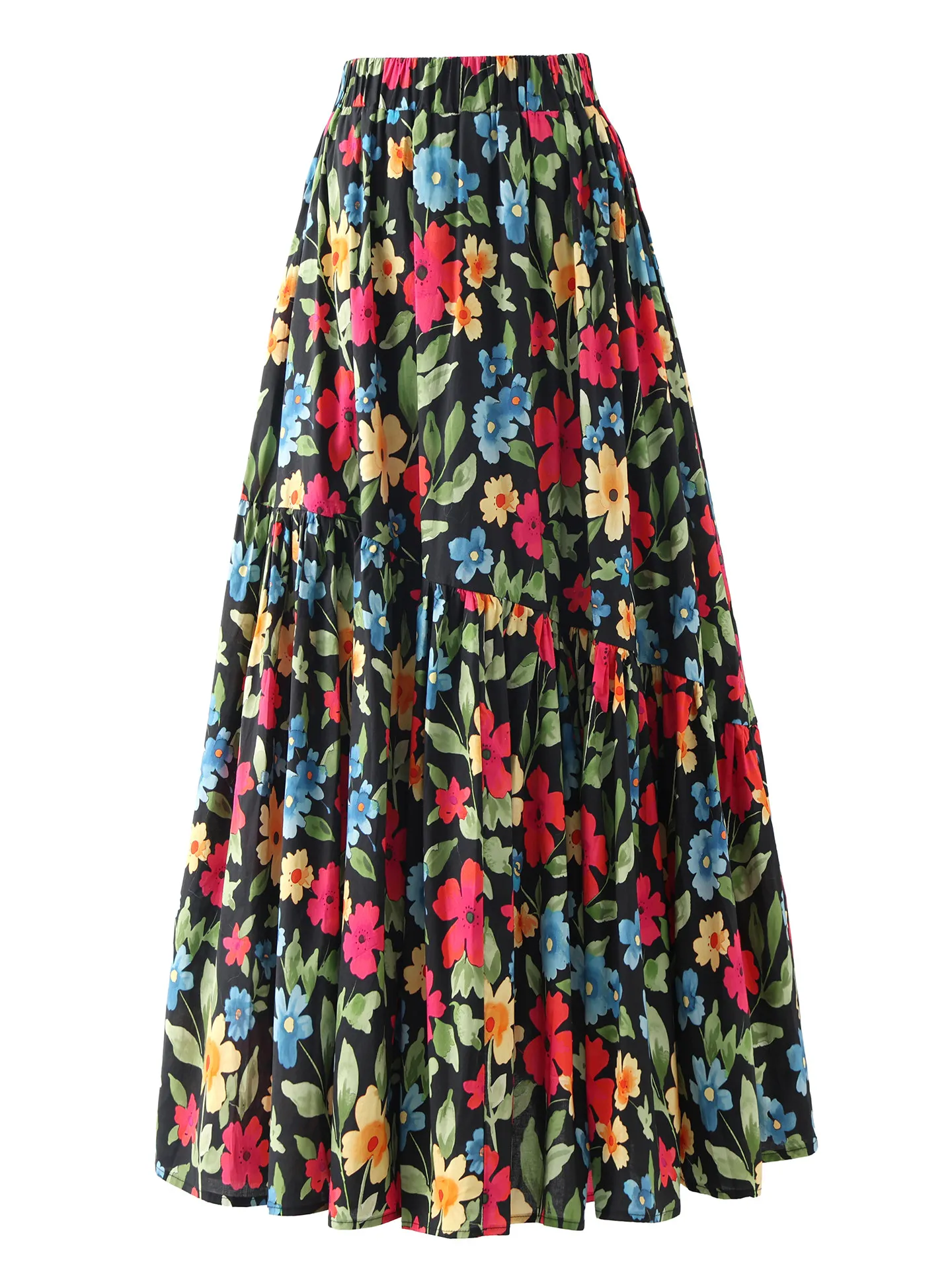 High Quality New Spring Summer Vintage Printing Women Floral Skirts Ultra Long Elastic Waist Big Bottoms Bohemian Pleated Skirts
