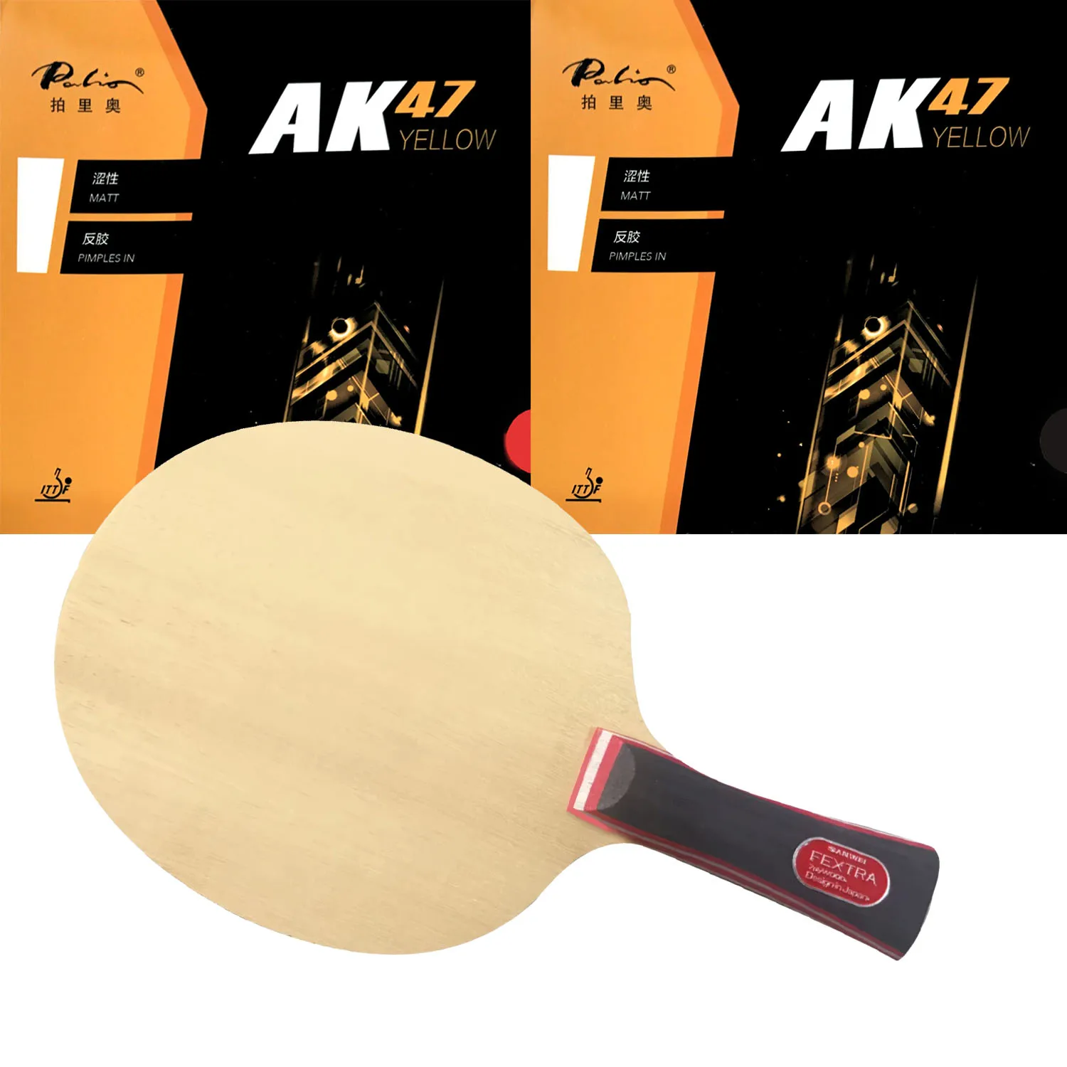 Pro Combo Racket Sanwei FEXTRA 7 Table Tennis Blade with  2x Palio AK47 AK-47 Yellow Pips-In Pingpong Rubber
