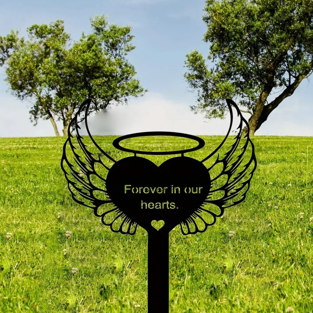 1pc Heart with Angel Wings Memorial Stake, Metal Garden Decor, Elegant Yard Marker for Graves, Ideal Pet Memorial Gift