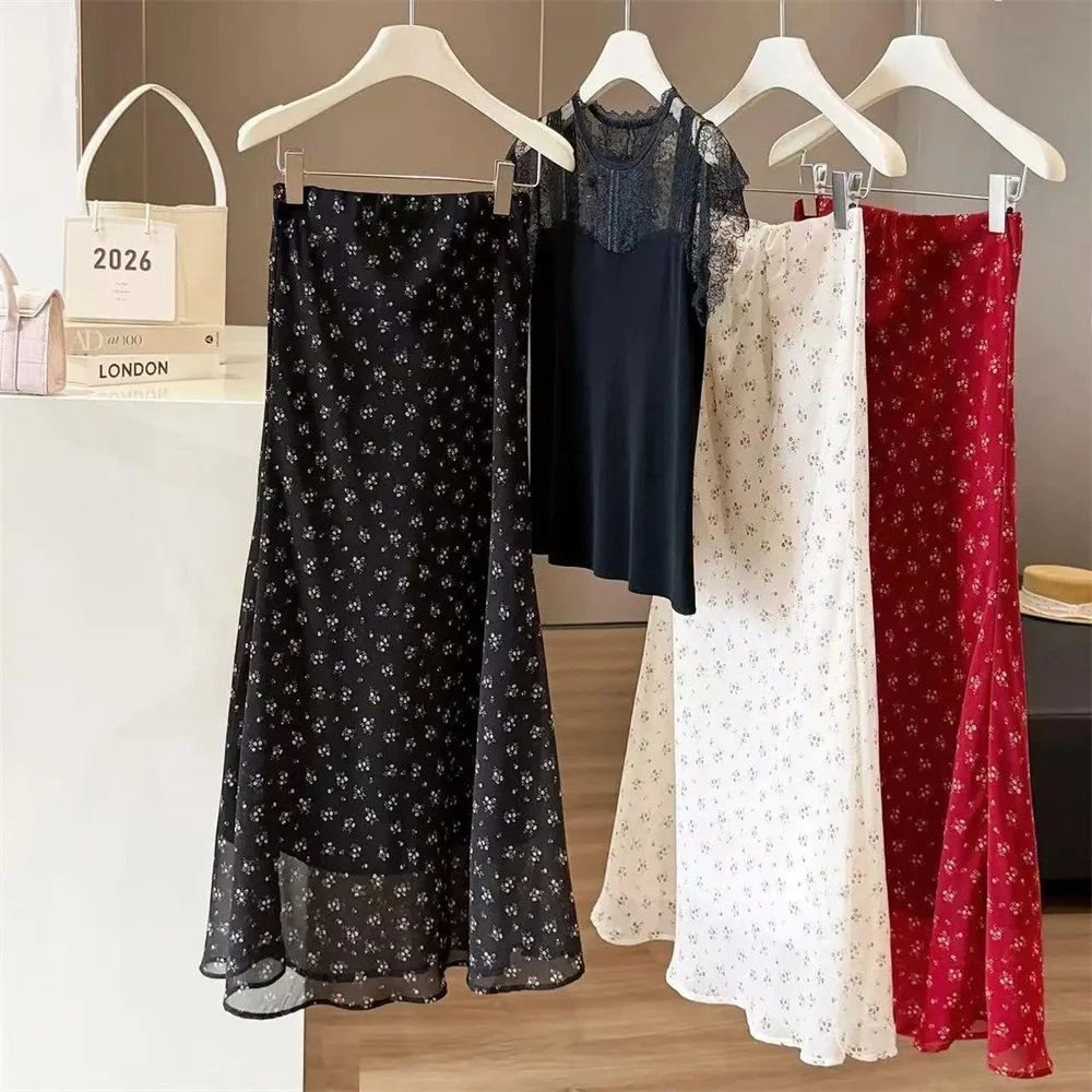 Saia floral de chiffon para mulheres verão drapey chiffon hip-abraçando preto saia rabo de peixe vermelho impresso saia midi senhoras saia