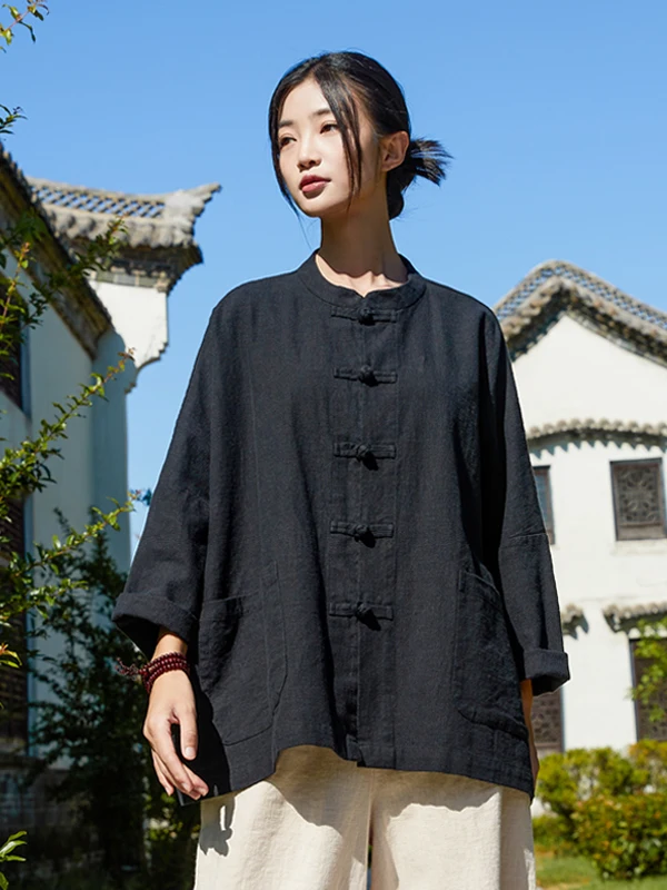 Retro Style Loose Fit Cotton Linen Women's Open Cardigan Shirt Stand Collar Button up Artistic Outerwear Short Coat