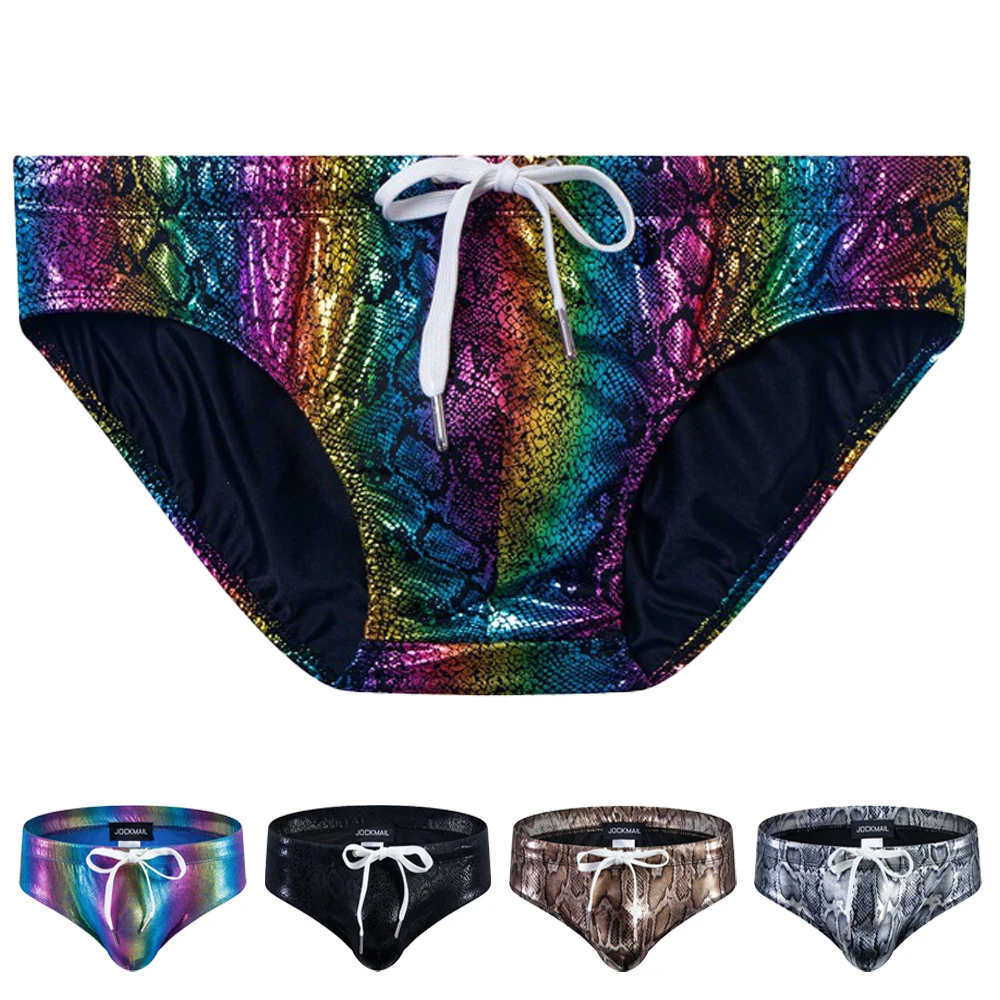Jockmail Mens Swim Trunks Snake Print Rainbow Print Beach Sports Shorts Man Briefs with Cup To Ropa De Playa  Bikinis New