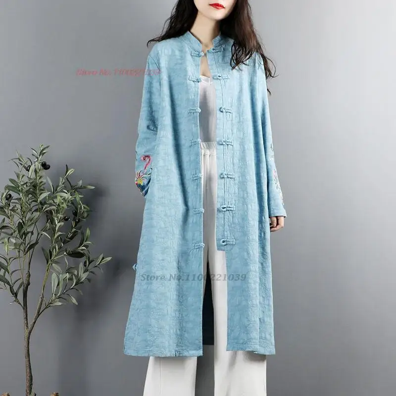 2024 traditional chinese vintage hanfu tops national flower embroidery coat tea service cotton linen jacket ethnic cardigan