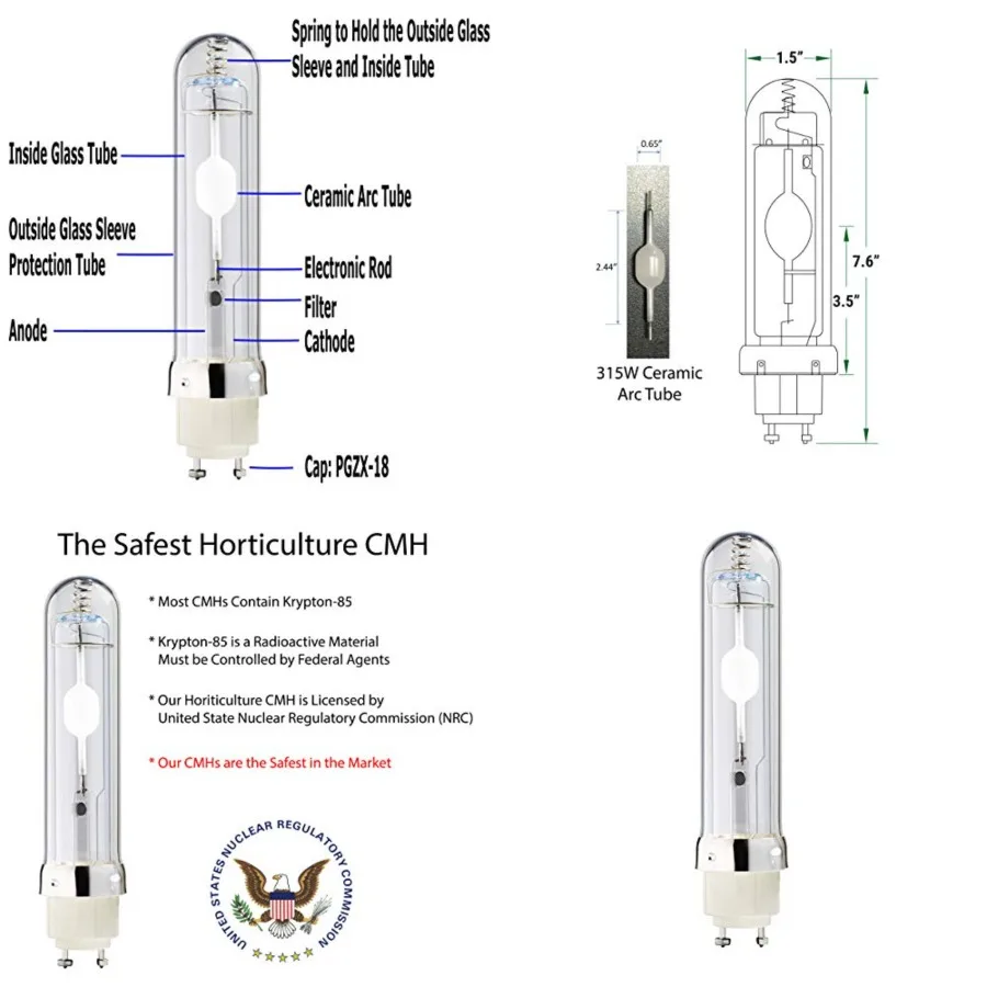 

Horticulture Ceramic Metal Halide CMH,315W, PGZX18 Base, 3000K with Red, Far Red and UV Light Spectrum Enhancement, Designed fo