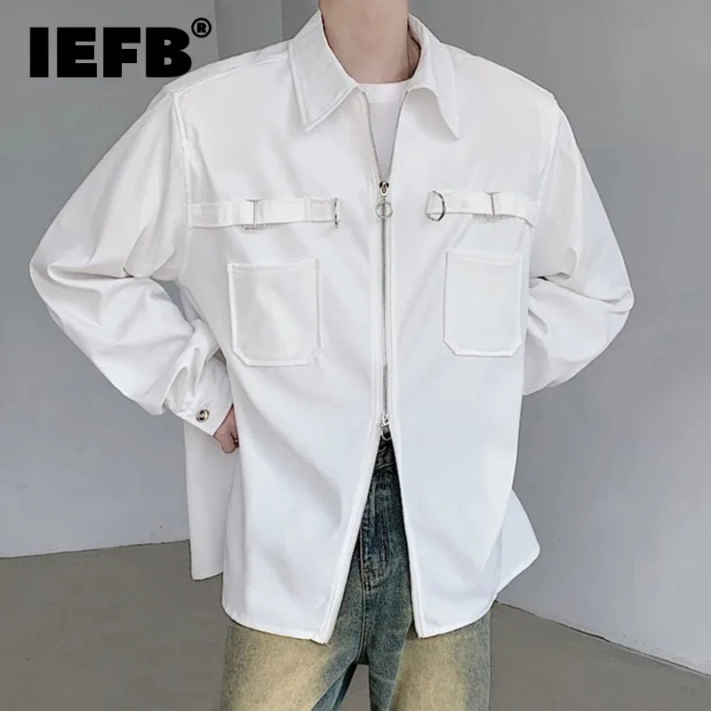 Iefb camisa masculina decoração de metal design sentimento zíper abertura bolsos duplos manga longa lapela 2024 nova moda masculina topo c5879