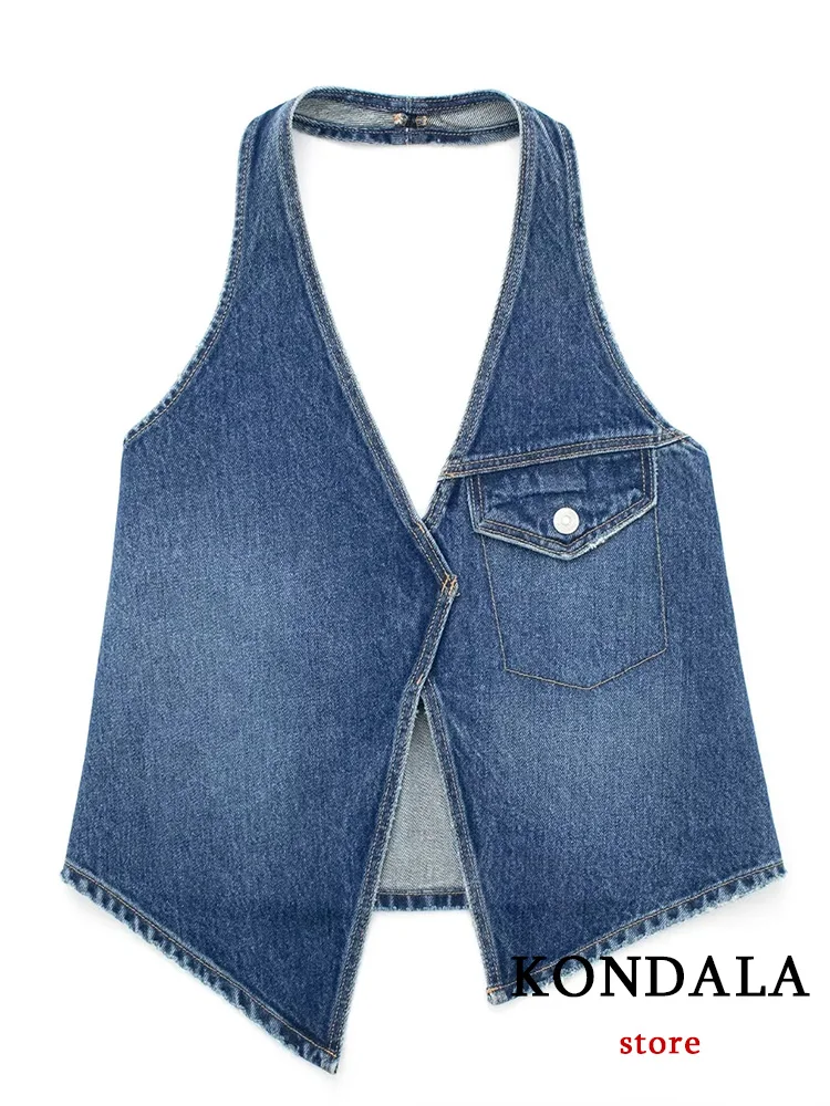 KONDALA Sexy Chic Women Tank Tops Solid Halter Pockets V-Neck Jag Cowboy Tank Tops New Fashion 2023 Spring Summer Mujer Tops