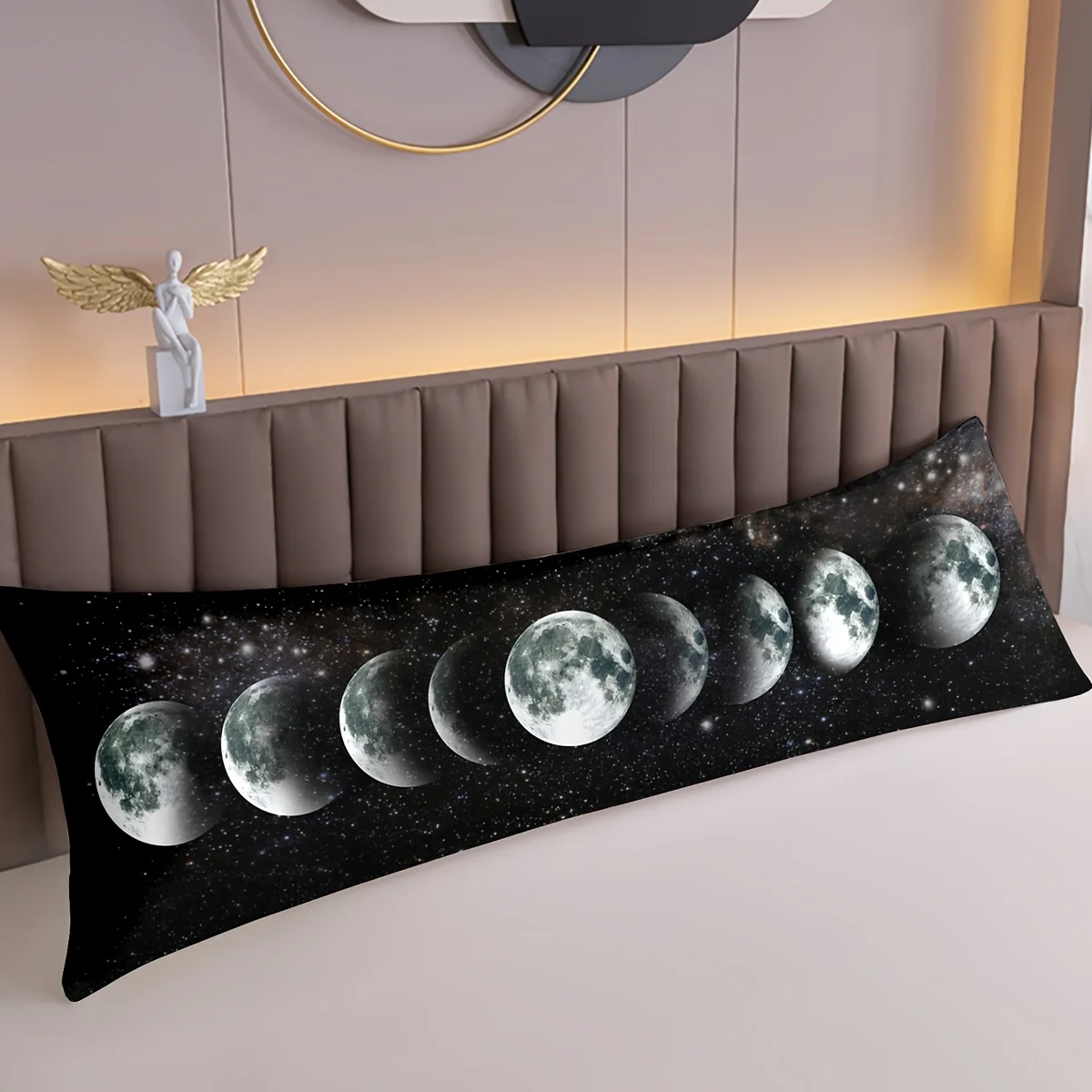 Black and White Moon Phase Body Pillow Cover, Starry Sky Design, Single-Sided Print, Rectangular Twin/Full Size