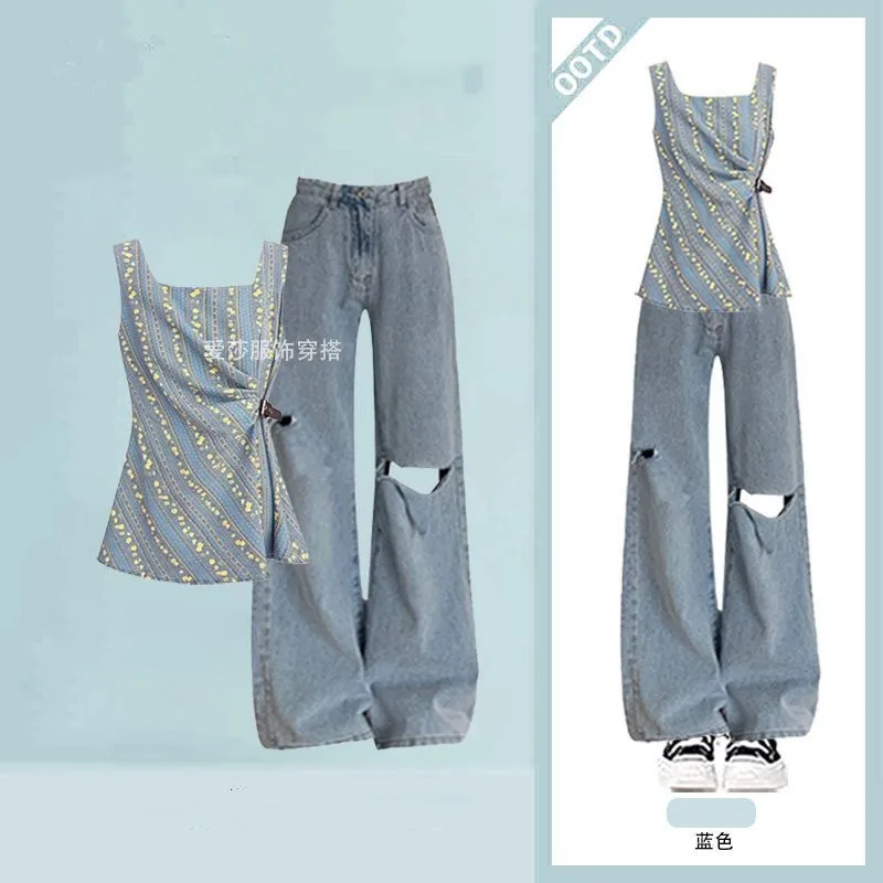 

Women's 2026 Summer New Fashion Floral Stripe Strap Top+Sexy Hole Jeans Two-Piece Set Korean Elegant Denim Pants Matching Set