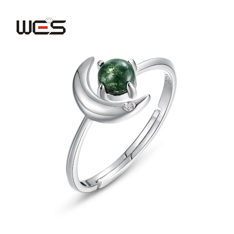 

WES 925 Sterling Silver Moon Desigh Finger Rings for Women Natural Moss Agate Trendy Jewelry Wholesale Festival Gifts Wedding