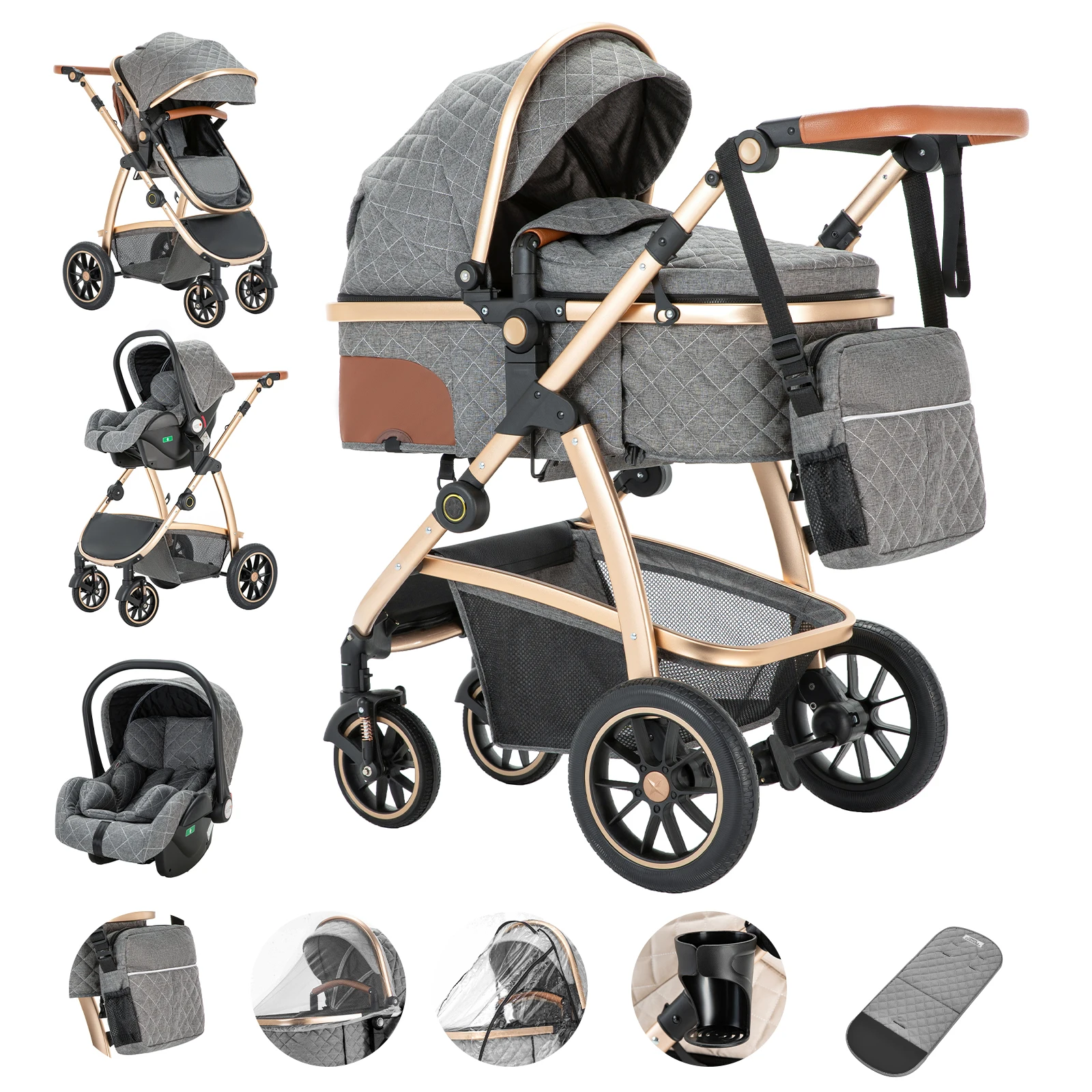3-in-1 kinderwagen Reiskinderwagen met in hoogte verstelbaar handvat Reiskinderwagen met klamboe Kinderwagen met aluminium frame