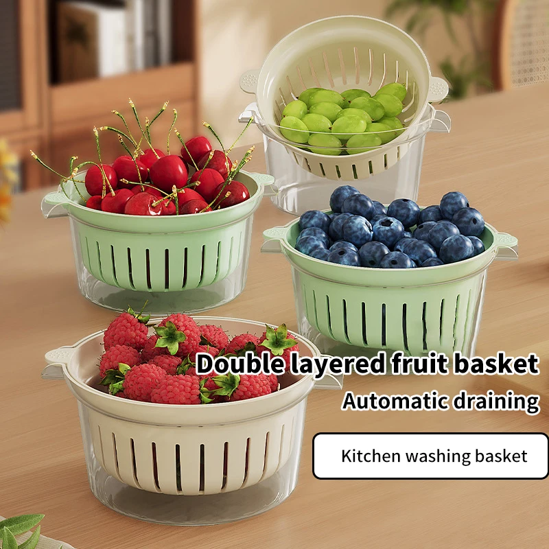 Kitchen Double-Layer Drain Basket Rotatable Storage Basket For Washing Vegetables Fruit Colander Baskets Kitchen Tools