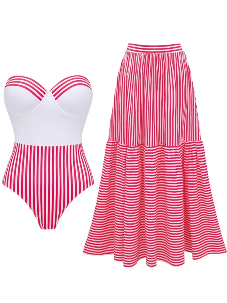 

Bikini Bodysuit Swimwear Women With Skirt Bathing Suit Summer New Ruffle Splice Print Beachwear Holiday Bikini Cover Ups Outfits