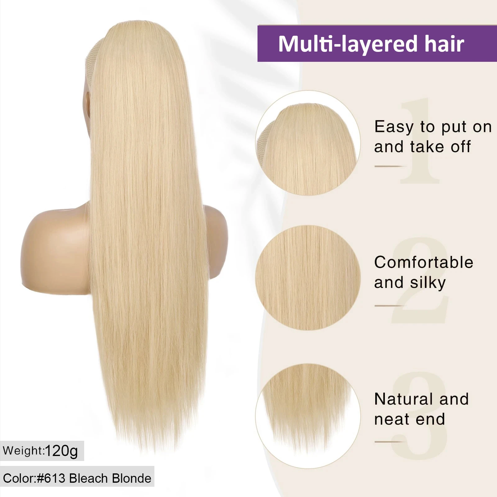 Extensões de rabo de cavalo retas para mulheres, 100% cabelo humano remy, cordão, lixívia loira, clip in, brasileiro, #613