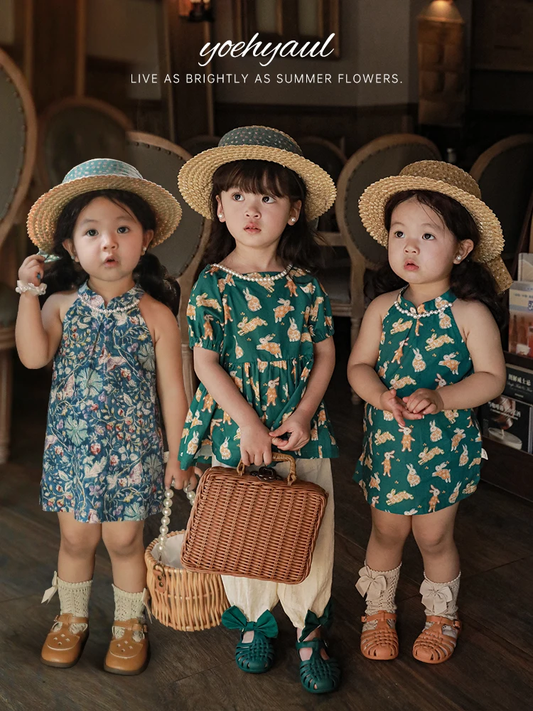 

Girls' Floral Dress 2023 Summer New Cartoon Printed Three-dimensional Pearl Collar Baby Casual Pants