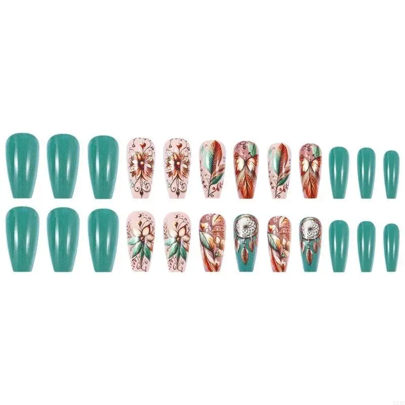 

RXJC 24Pcs Almond Fake Press On Artificial False Glues On Flower Designs French Tips Gifts