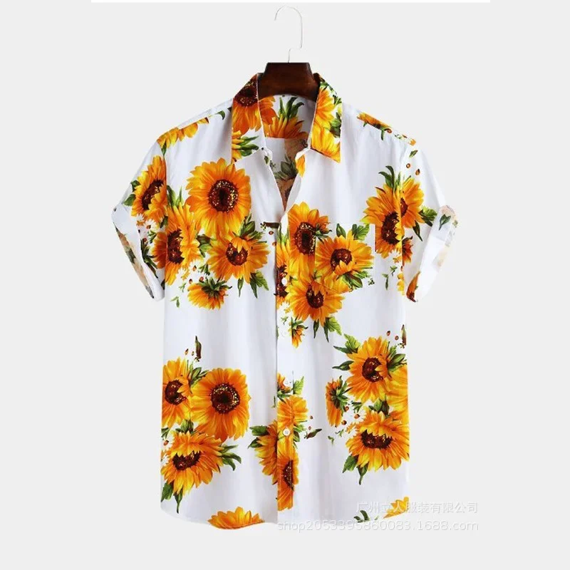 

Hawaiian Men's British Sunflower Digital Print Shirt Men's Cardigan Casual Short-sleeved Tour Lapel Shirt Clothing Street Wear