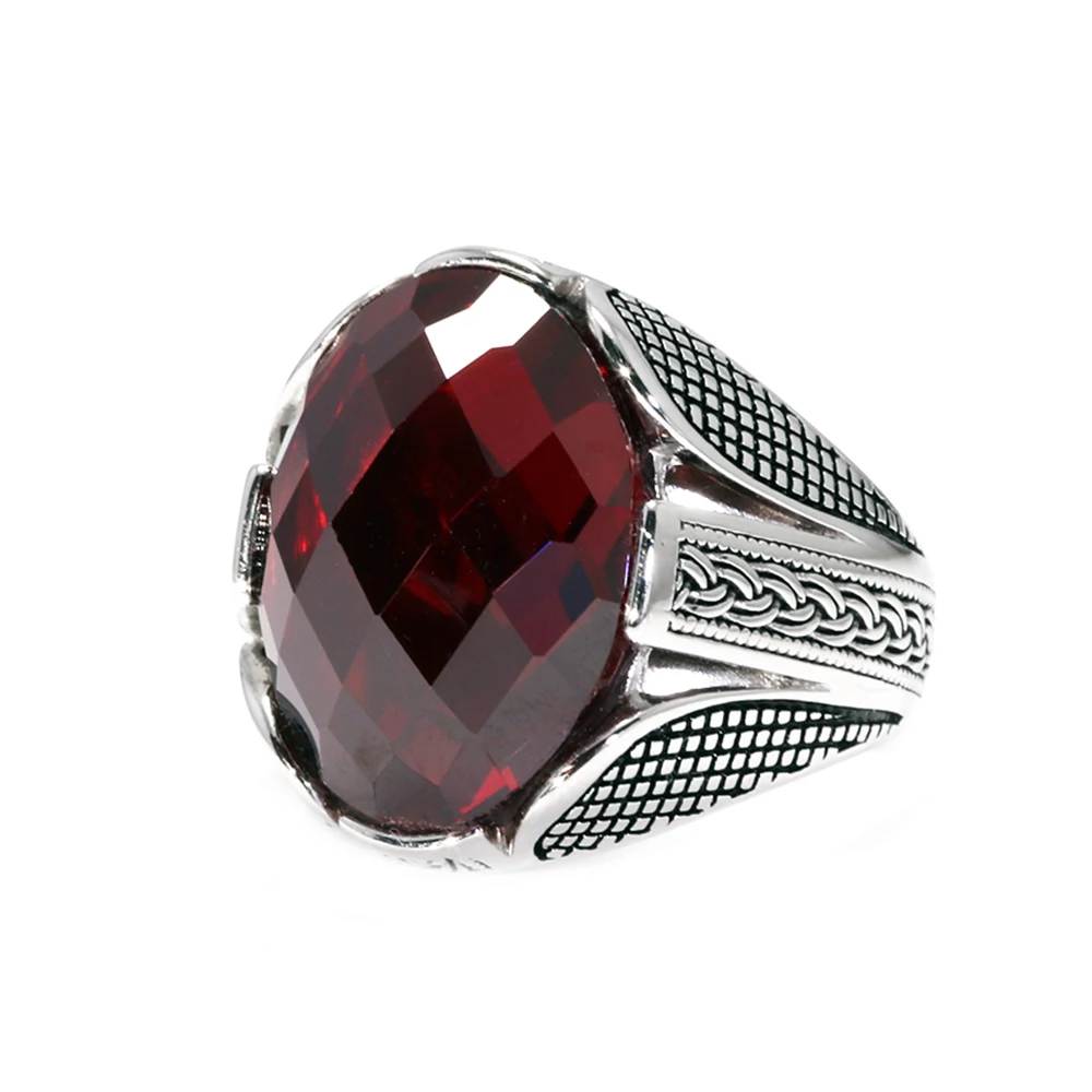 Real Pure 925 Sterling Silver Rings With Red Color Zircon Stone Faceted Wedding Rings For Men Vintage Turkish Jewelry