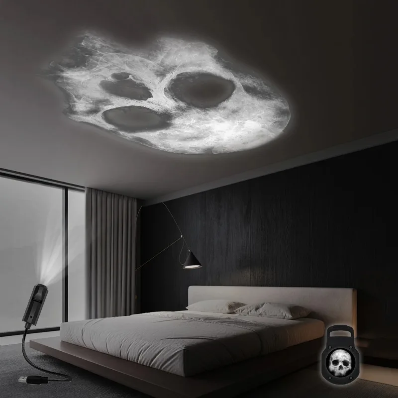 Skull Projection Lamp USB Halloween LED Night Light Spooky Atmosphere Lamp for Bedroom Indoor Party Decor USB Rechargeable