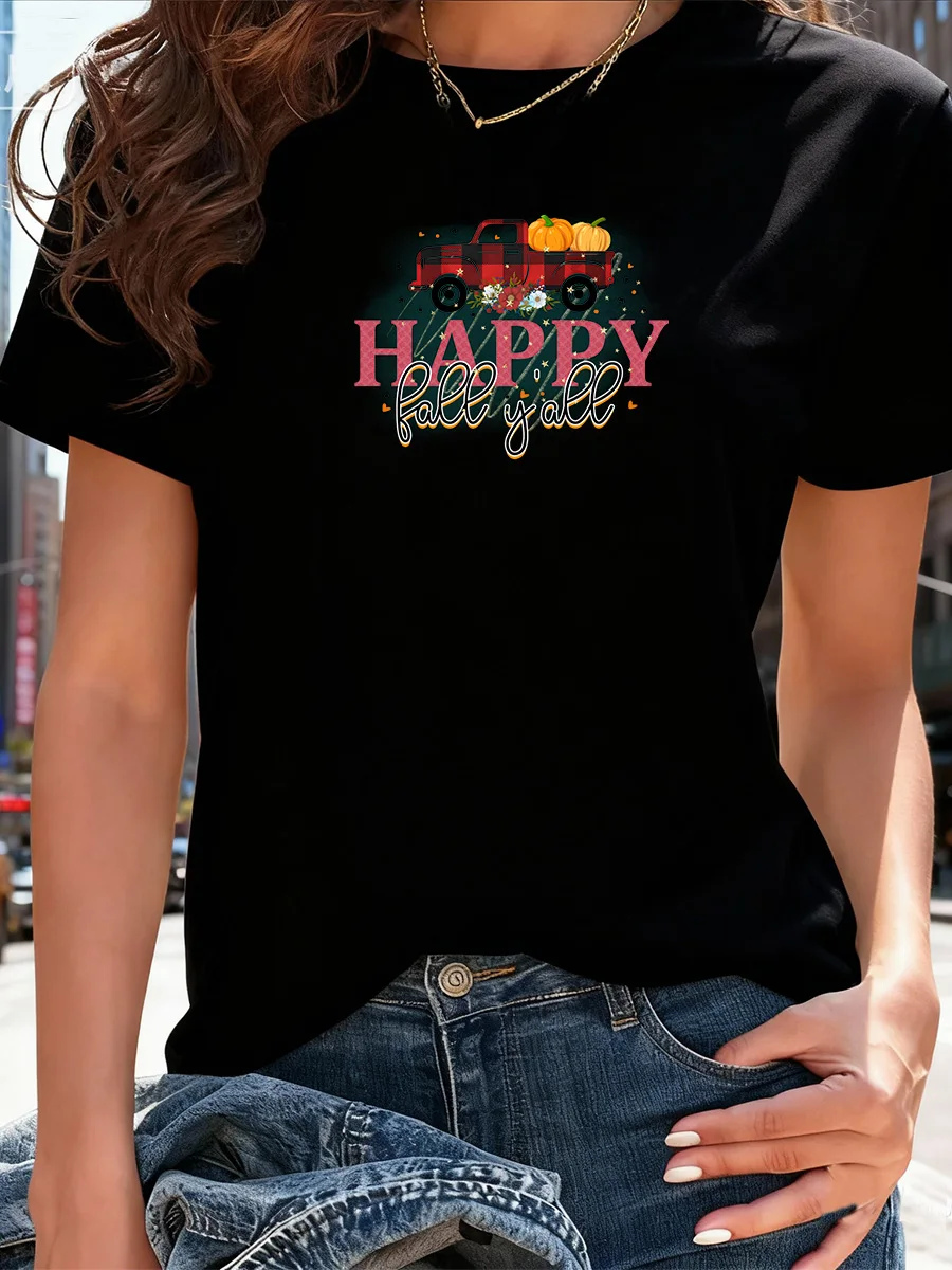 تي شيرت أسود قصير الأكمام "Happy Fall Y'all" برسومات شاحنة اليقطين لملابس الخريف النسائية غير الرسمية #1