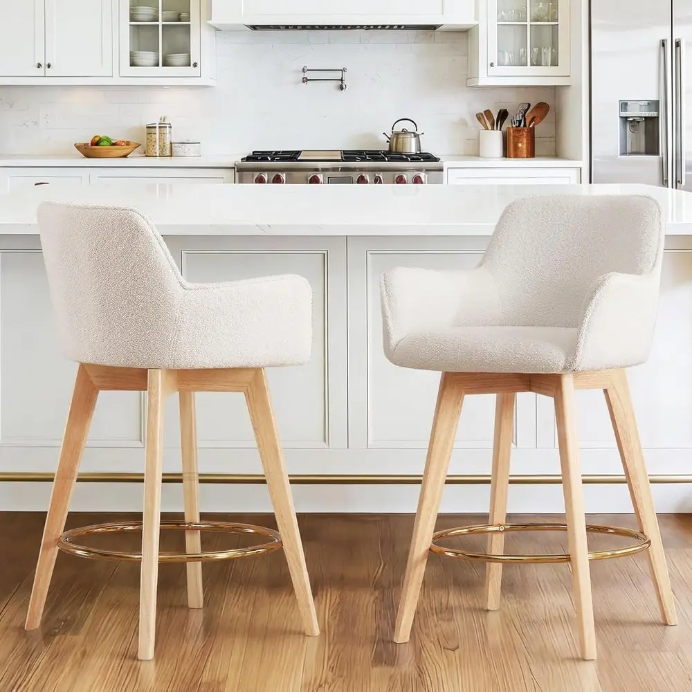 

Swivel Bar Stools with Upholstered Back and Arms, Wooden Legs, 26 for Kitchen Island, Set of 2, White