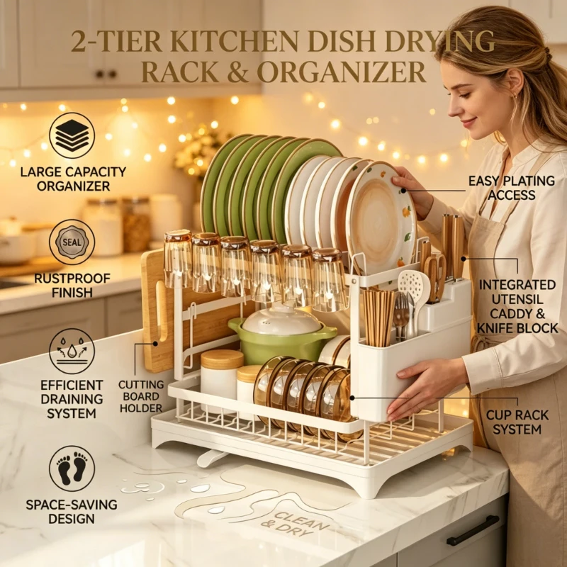 

Large Rustproof 2-Tier Kitchen Counter Dish Drying Rack, Dish Drainer with Drainboard Organizer, White