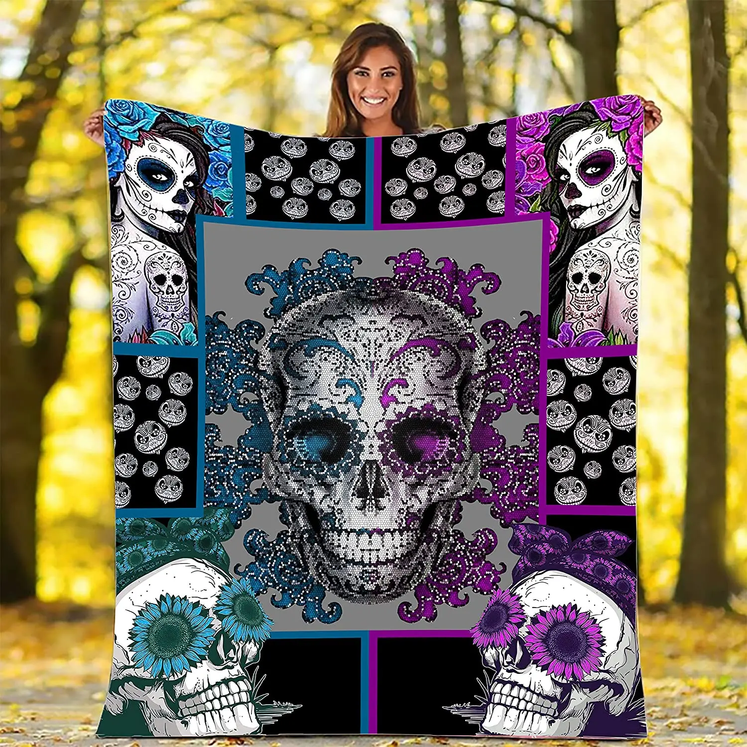 Purple Sugar Skull Gothic Flannel Fleece Throw Blanket Warm Soft TV Bed Couch Movie Watching Blanket Adults Blanket All Seasons