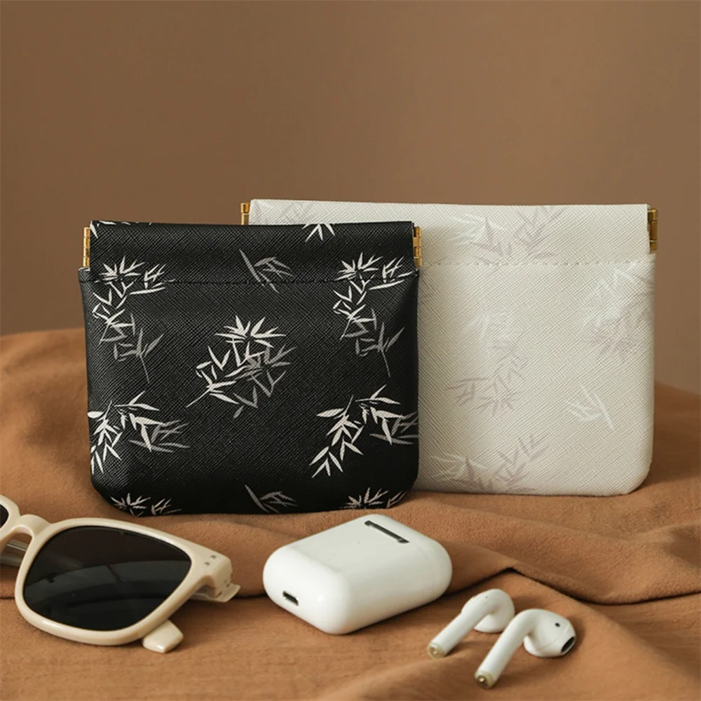 Chinese Style Shrapnel Cosmetics Bag Bamboo Leaf Travel Portable PU Coin Lipsticks Key Data Cable Jewelry Sundries Storage Bag