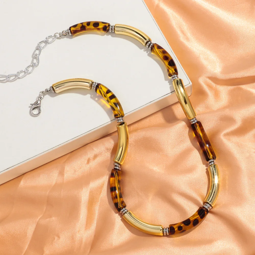 New Leopard Thin Bamboo Shape Acrylic Necklace for Men Women Stack Curved Tube Choker Necklace French Trend Jewelry Collier Gift