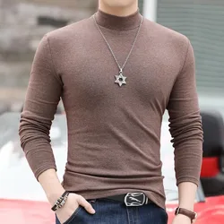 Korean Clothing Blouse Oversize Golf Wear Casual Full Cotton Men's Turtleneck Base Shirt Simple Solid Color Long Sleeve Tops Tee