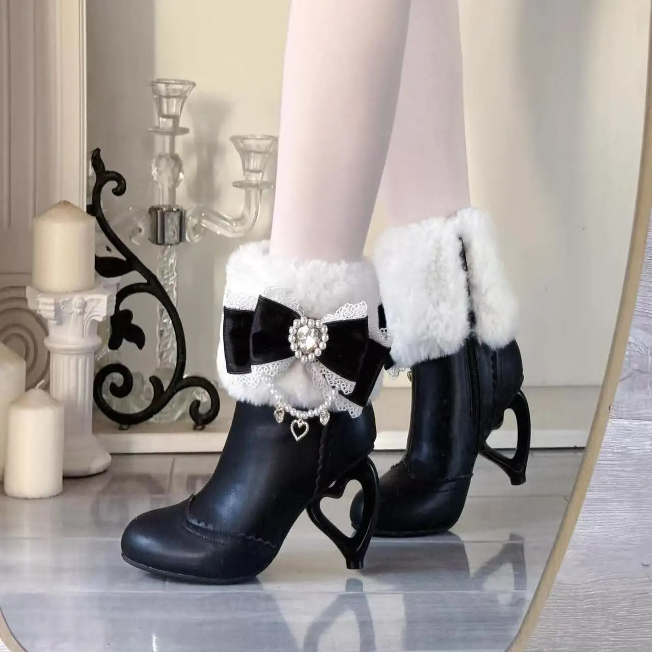 Lolita Leather Shoes Lolita Cute Japanese Sponge Sole Thick Sole Height Increasing Lace Bow Mary Jane Shoes Girls' Short Boots
